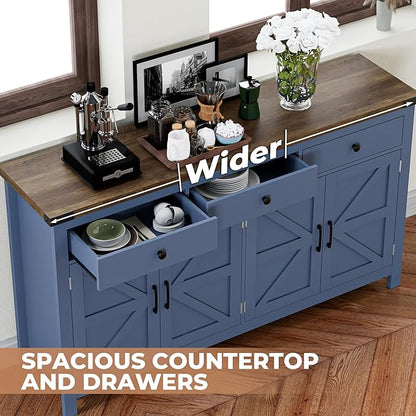 63" Sideboard Buffet Cabinet with Storage, Coffee Bar with 3 Drawers and 4 Barn Doors, Long Wider Storage Cabinet Modern Farmhouse, Blue Wood, for Kitchen, Dining Room, Living Room