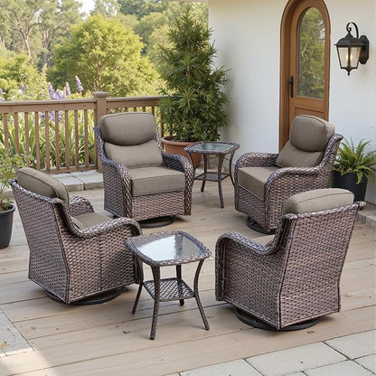 Belord Luxury 6" Thick Cushioned Outdoor Swivel Rocker Patio Chairs Set of 4 with Side Table, High Back Wicker Furniture Set with Ergonomic Zone Back, Conversation Set for Deck Porch - Brown+Grey