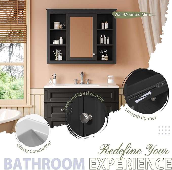 36" Bathroom Vanity with Matching Medicine Cabinet, Modern Sink Storage Cabinet with Drawers, Soft Closing Doors and Shelf, Bathroom Vanities with Sink & Mirror