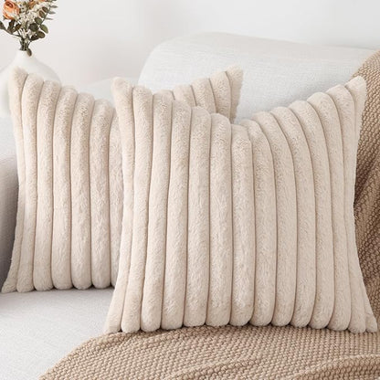 Pallene Faux Fur Plush Throw Pillow Covers 22x22 Set of 2, Luxury Soft Fluffy Striped Decorative Pillow Covers for Sofa, Couch, Living Room, Apricot