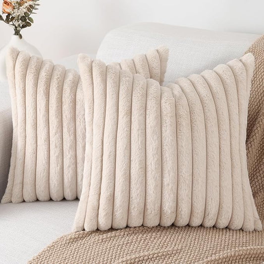 Pallene Faux Fur Plush Throw Pillow Covers 22x22 Set of 2, Luxury Soft Fluffy Striped Decorative Pillow Covers for Sofa, Couch, Living Room, Apricot
