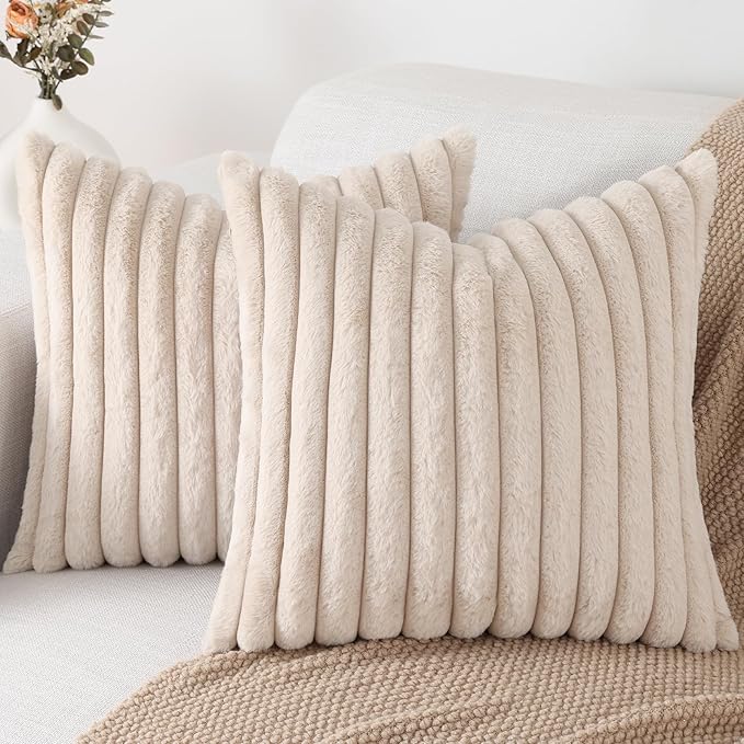 Pallene Faux Fur Plush Throw Pillow Covers 16x16 Set of 2, Luxury Soft Fluffy Striped Decorative Pillow Covers for Sofa, Couch, Living Room, Apricot