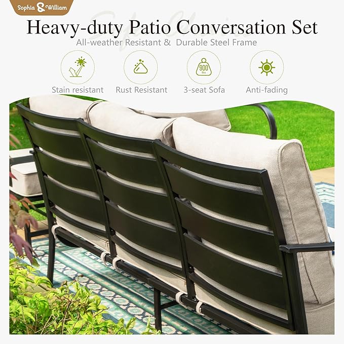 Sophia & William Patio Furniture Sets 5 Seats Outdoor Metal Conversation Sets 5 Pcs with 2 x Cushioned Swivel Sofa Chairs,1 x 3-Seat Sofa,2 x Ottomans for Coffee Lawn Backyard Poolside Beige