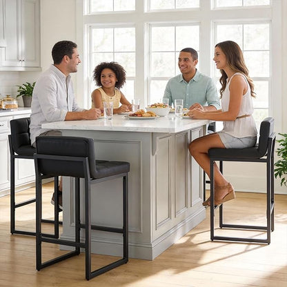 Bar Stools Set of 3, Upholstered Faux Leather Counter Height Barstools with Low Back and Thickened Metal Legs, Modern Bar Chairs for Kitchen Island, Bar, Counter (Black, 3Pcs 26" Bar Stools)