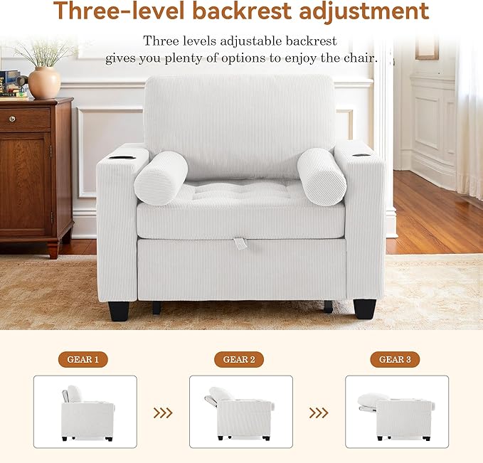 Convertible Sleeper Chair Bed, Comfy Corduroy Single Futon Sofa Chair with Pull Out Bed, 3-Levels Adjustable Backrest Accent Chair with Side Pockets, Cup Holder & USB Ports for Living Room, Bedroom