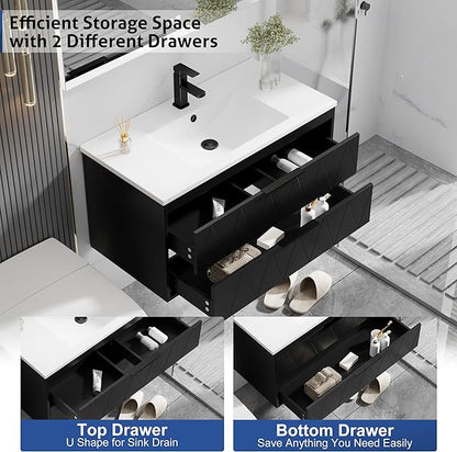 eclife 36" Bathroom Vanities Cabinet with Sink Combo, Wall Mounted Floating Cabinet W/Decor Line, Soft-Close System, 2 Extra Big Drawers, Matte Black Faucet, Black