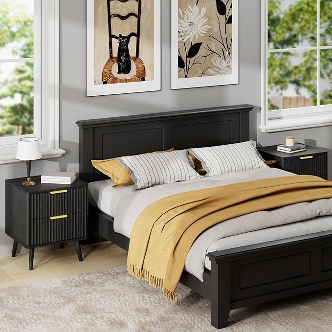 LYNSOM Fluted Dresser and Nightstand Set, 3 Pieces Bedroom Set, 55 Inch Wide 7-Drawer Dresser & 2-Drawer Nightstands Set of 2, Modern Dressers Set for Bedroom, Hallway, Black