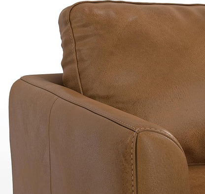 SIMPLIHOME Livingston 76-inch Wide Sofa in Caramel Brown Top Grain Genuine Leather, Handcrafted Mid-Century Modern Loveseat for Living Room, Compact 2-Seater with Feather-Wrapped Cushions