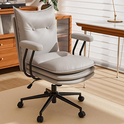 Grey Office Chair with Wheels,Triple-Layers Thicken Wide Seat Height Adjustable,Mid Back Computer Leather Desk Chair for Home,Office