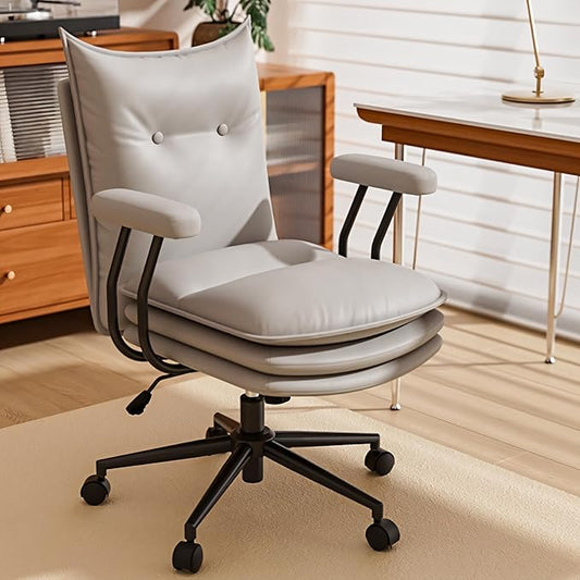 Grey Office Chair with Wheels,Triple-Layers Thicken Wide Seat Height Adjustable,Mid Back Computer Leather Desk Chair for Home,Office