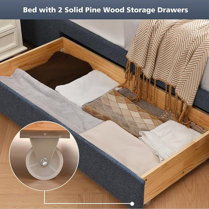 VELOCAVA King Size Upholstered Bed Frame with 51.77" Tall Headboard and Soft Rounded Corners, 2 Storage Drawers, 12-Slat Support, No Box Spring Needed, Linen-Blend Fabric, Dusty Blue