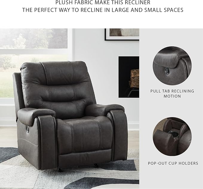 Signature Design by Ashley Trumble Modern Faux Leather Manual Rocker Recliner with Track Arms, Gray