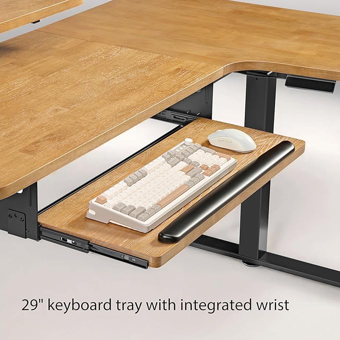 EUREKA ERGONOMIC L Shaped Standing Desk w Solid Wood Tabletop,61" Electric Corner Computer Desk, Adjustable Height Desk w Keyboard Tray,Dual Motor,LED Monitor Stand,Right/Oak