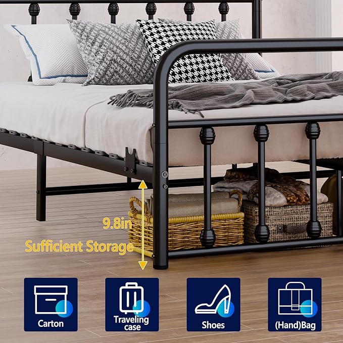 Metal Full Single Bed Frame with Storage Space, 74.8" in Steel Bed Frame with Protective Foot Pads, Strong Bearing Capacity Full Size Bed, Easy Assembly, Underbed Storage Space（43.3 inch）
