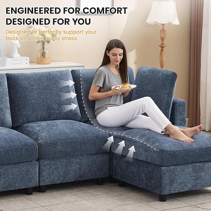 3-Seater Modular Sectional Cloud Sofa with Ottoman, L-Shaped Couch for Living Room, Modern Convertible Deep Seats Sofa, Chenille Blue
