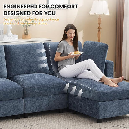 4-Seater Modular Sectional Cloud Sofa with 2 Ottomans, U-Shaped Couch for Living Room, Modern Deep Seat Sofa with Soft Back Cushions, Chenille Blue