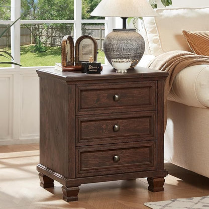 Farmhouse Nightstand Set of 2, Rustic Couch End Table with 3 Drawers & 4 Square Solid Wood Legs, Vintage Bed Side Table with Storage, Small Dresser for Bedroom, Living Room, Walnut