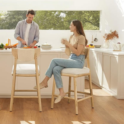 Watson & Whitely Boho Counter Height Bar Stools Set of 2, 27” Modern Upholstered Bar Stools with Natural Woven Rope Back and Solid Wood Frame for Kitchen Island, Home Bar, Fabric in Linen