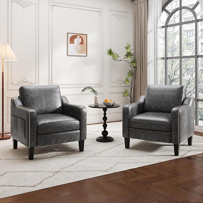 PU Leather Accent Chair Set of 2, Mid-Century Modern Living Room Armchair Sofa with Removable Cushions, Solid Wood Frame & Stitched Armrest Design, Bedroom Chair with Plastic Legs, Black