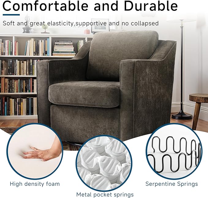 Pia Ricco 360° Swivel Accent Chair, Plush Oversized Chenille Fabric Armchair with Removable Cover for Living Room and Reception,Night Brown Black