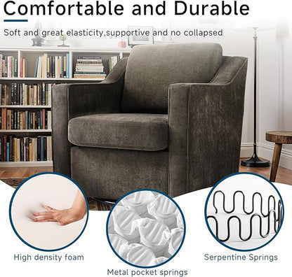 Pia Ricco 360° Swivel Accent Chair, Plush Oversized Chenille Fabric Armchair with Removable Cover for Living Room and Reception,Night Brown Black