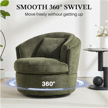 Swivel Accent Chair, 360 Degree Round Swivel Barrel Chair with Pillow, Widened Upholstered Comfy Barrel Armchair for Living Room Bedroom Reading Room, Green
