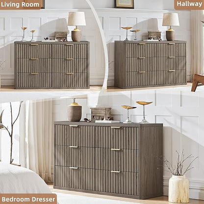 LEYAOYAO Fluted 6 Drawers Dresser Set of 2, 48" Wide Modern Chest of Drawers with Wood Grain Top, Curved Profile Design, Dresser TV Stand, Wooden Drawer Organizer for Bedroom, Living Room,Hallway,Grey