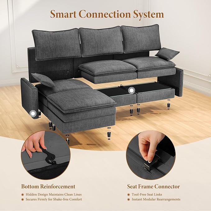 Vesgantti 142" U Shaped Sectional Couch, Comfy Cloud Modular Sectional Sofa with 2 Ottoman Deep Seat Chenille Modern Cloud Sofa, Modular Sofas for Living Room, Bedroom and Apartment, Gray