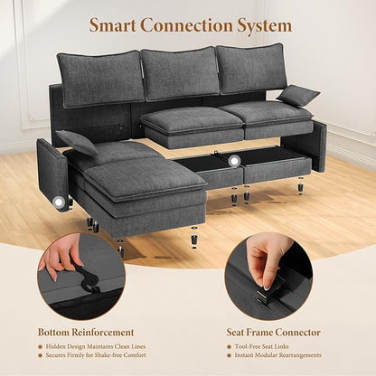 Vesgantti 142" Oversized Sectional Sofa Bed, 8-Seater Modular Sleeper Cloud Couch with Movable Ottoman, Chenille Convertible Sofa Set Deep Seat Couches for Living Room, Bedroom and Apartment, Gray