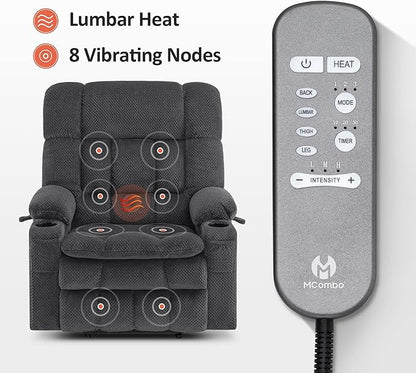 MCombo Oversized Power Lift Recliner Chair for Elderly, Dual Motor Lift Chair with Heat and Massage, Lay Flat Lift Chair for Big and Tall, Cup Holders, Fabric R7891 (Oversize, Dark Gray)