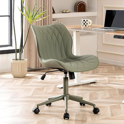 YOUNUOKE Armless Desk Chair Comfy Office Chair with Wheels Home Ergonomic Task Chair Adjustable Computer Chairs Modern Faux Leather Swivel Chair Upholstered Makeup Vanity Chair with Back(Olive Green)