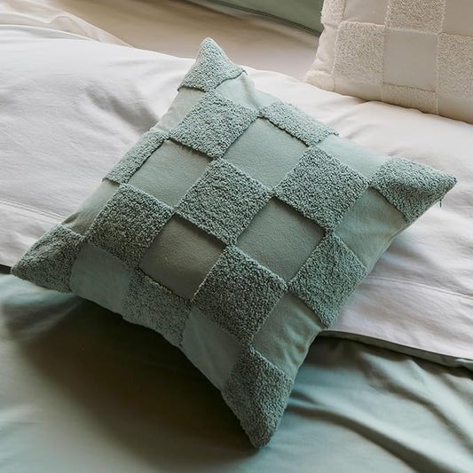 Double Stitch Checkered Throw Pillow Covers - 100% Cotton Tufted Boho Decorative Pillow Covers 20x20, Made in India, Square Cushion Case, Modern Home Decor for Couch, Sofa, Living Room, Chinois Green
