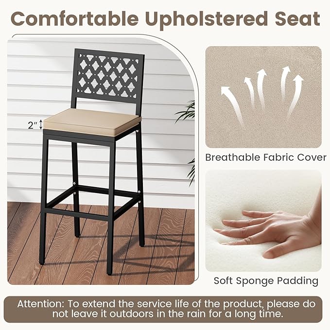 COSTWAY Outdoor Bar Chairs Set of 2, Armless Heavy-Duty Metal Frame Counter Height Chairs with Removable Cushions, Footrest, Ergonomic Backrest, Upholstered Barstools for Patio, Poolside, Backyard