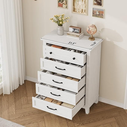 GarveeHome 5 Dresser for Bedroom, 41.3 in Tall Vertical Drawer Dresser with Large Storage, Freestanding Wooden Closet Chest for Bedroom, Living Room, White