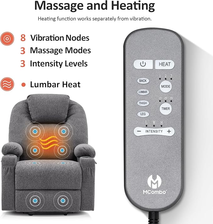 MCombo Power Lift Recliner Chair for Elderly, Lift Chair with Heat and Massage for Tall People, USB&Type C Ports, Extended Footrest, Cup Holders, Fabric 7516 (Large,Dark Grey)