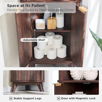 RedLemon 68" Tall Corner Cabinet, Modern Fluted Storage Cabinet with Adjustable Shelves, Curved Profile Design, Space Saver for Bathroom, Living Room, Kitchen, Walnut