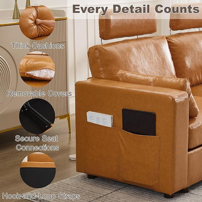 126.8" Modular Sectional Storage Sofa, Oversized Faux Leather U Shaped Couch with 2 Ottoman, Cloud Couch with Headrest & Side Pockets, Sectional Sofas for Living Room Apartment Small Spaces, Brown