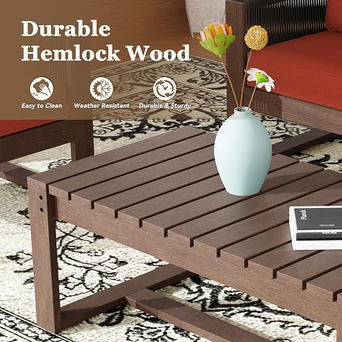 4 Piece Patio Furniture Set, Wooden Outdoor Furniture Conversation Set with Coffee Table, Modern PE Wicker Patio Chairs Conversation Sets with Sofa for Garden, Terrace, Porch, Balconies, Lawns