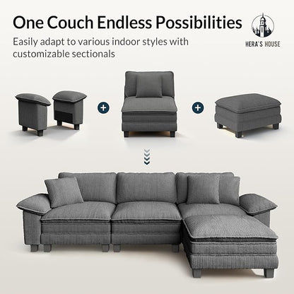HERA'S HOUSE 124" Modular Sectional Sofa, Oversized L Shaped Couches for Living Room, Comfy Cloud Couch with Ottoman, 4-Seater Deep Seat Sofa with Throw Pillow, Corduroy Grey