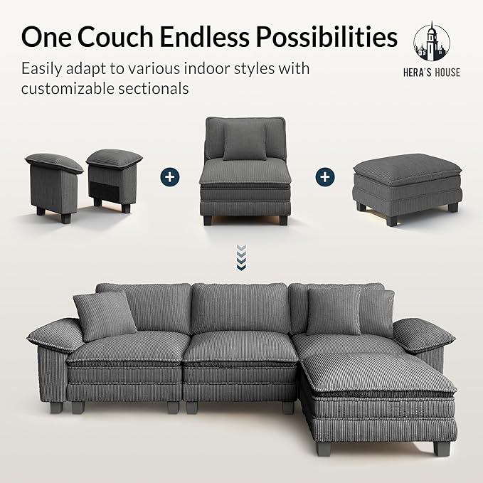 HERA'S HOUSE 88" Modular Sectional Sofa, Loveseat Couches for Living Room, Comfy Cloud Couch 2-Seater Deep Seat Sofa with Throw Pillow, Corduroy Grey