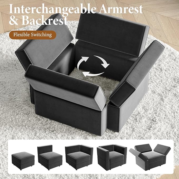 Vesgantti Sectional Couches with Storage Seats, 118" L Shaped Convertible Modular Sectional Sofa, 4 Seat & 2 Ottomans Velvet Storage Chaises Deep Seat Couch for Living Room, Bedroom, Apartment, Gray
