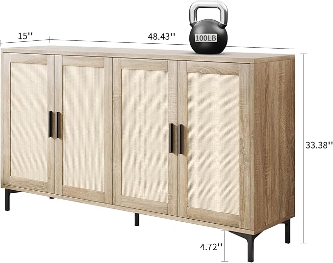 JASIWAY Sideboard - Kitchen Buffet Cabinet with Rattan Decorated Doors, Accent Cabinets with Doors, Coffee Bar Cabinets Rattan Sideboard Buffet Cabinet with Storage (Natural with 4 Doors)