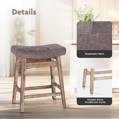 ALPHA HOME Bar Stools Set of 3, Solid Wood Saddle Kitchen Stools with Grey Linen Fabric Cushion Counter Height Barstools, 24 Inch, Grey, 3PCS