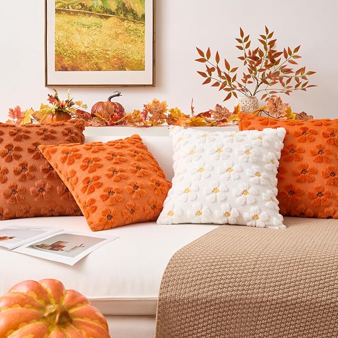 Kevin Textile Fall Floral Pillow Covers 18x18 Inch Set of 2 Cute Flowers Embroidery Decor Soft Plush Faux Fur Throw Pillows Pillowcases for Holiday Harvest Decor Sofa Couch Bedroom, Rust