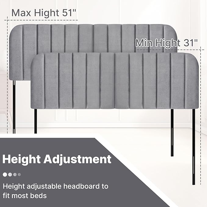 Upholstered Headboard - Striped Interval - Adjustable Height - Metal Legs - Bed Frame (Grey, Queen (U.S. Standard))