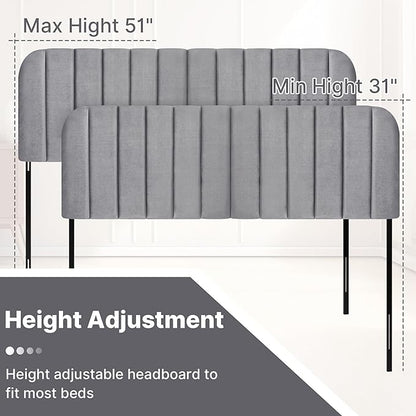 Upholstered Headboard - Striped Interval - Adjustable Height - Metal Legs - Bed Frame (Grey, Queen (U.S. Standard))