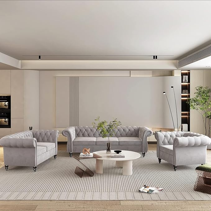 Living Room Chair, Modern Velvet Chesterfield Sofa Chair, Mid Century Single Sofa Couch Chair with Tufted Back and Rolled Arms, Accent Sofa Chair for Living Room Apartment, Grey