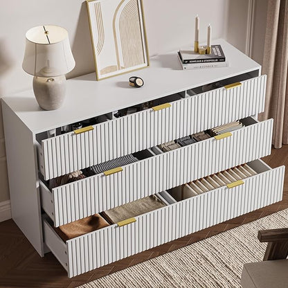 3-Piece Dresser Bedroom Set, 7 Drawer Dresser & 3 Drawer Nightstands with Gold Handles, Fluted Wood Chest of Drawers for Bedroom, Living Room, Entryway, White