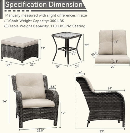 5 Pieces Patio Conversation Set, Wicker Chairs Set of 2 and Two Ottomans with 3.5-inch Seat Cushions, 1 Side Table High Back and Curved Armrest for Backyard, Balcony and Deck, Beige