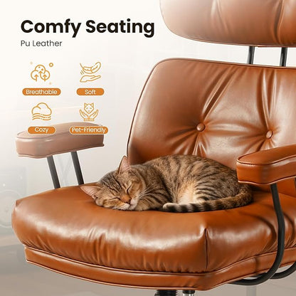 Home Office Desk Chair, Mid-Century Modern Office Chair with Adjustable Lumbar Support, Thickened Cushion Executive Desk Chair with 360 Rolling Swivel for Meeting Game Study Room(Brown)